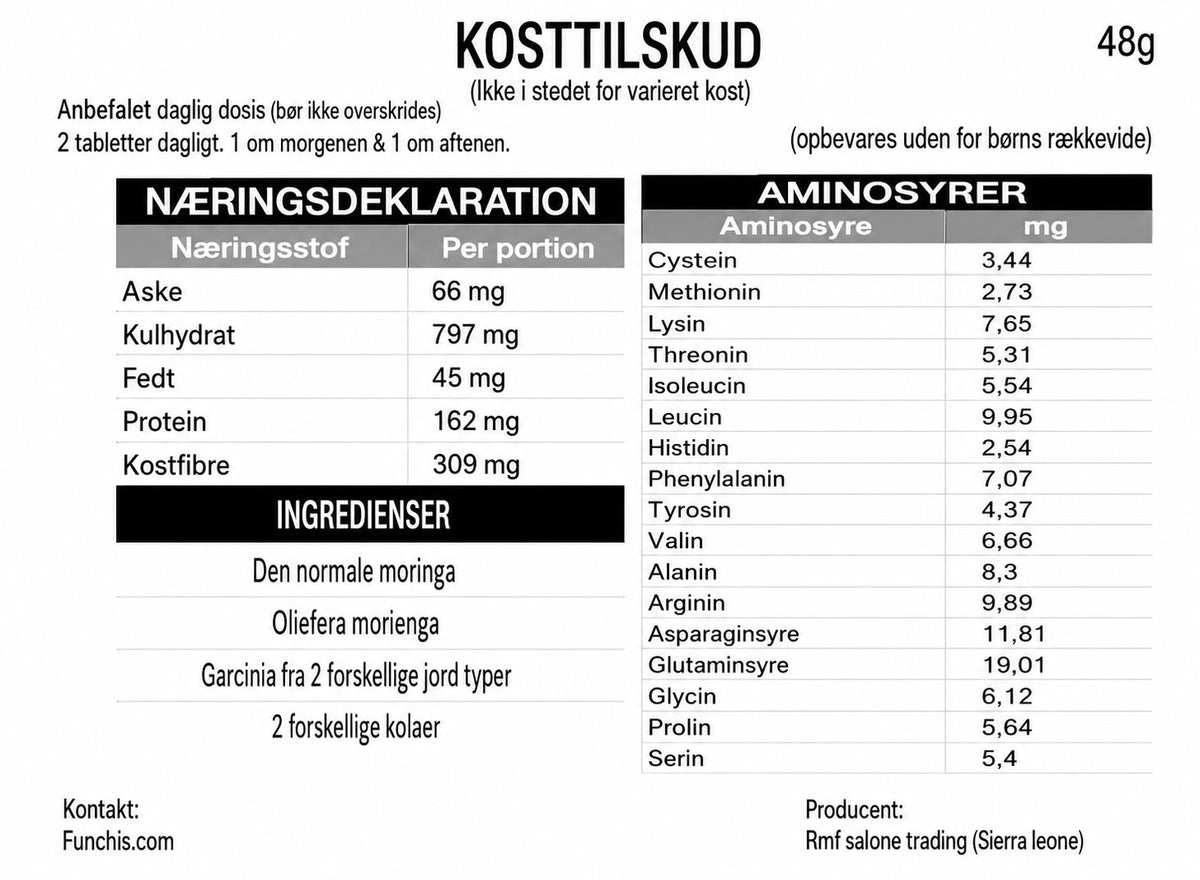 Næringsdeklaration og ingrediensliste for Funchis kosttilskud